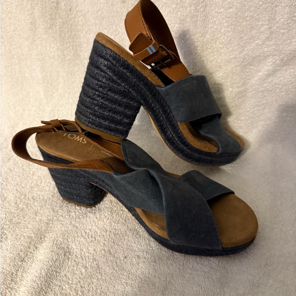 Toms Navy Blue Suede Espadrille Block Heel Sandals with Brown Leather Strap